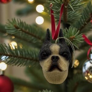 VTG Sandicast Realistic Head Boston Terrier Christmas Ornament Dog Lovers Pets